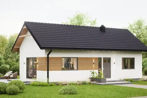 Nowoczesny dom 70m2 pod klucz, z drewnianymi elementami i dużymi oknami. Idealny dla rodziny, koszt budowy przystępny.