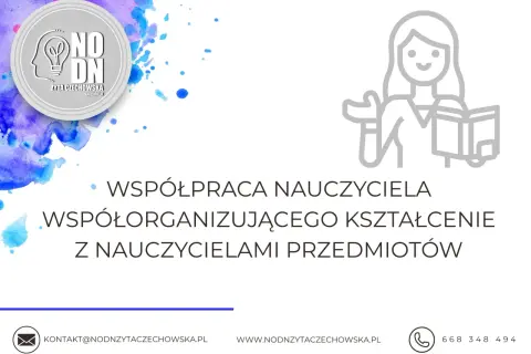 Grafika z logo, ikoną nauczycielki z książką i tekstem o współpracy nauczycieli.