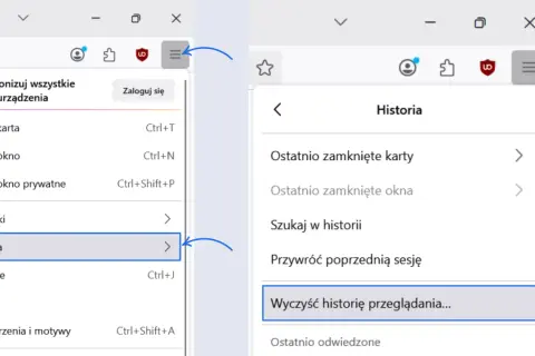 Menu przeglądarki pokazuje, jak wyczyścić pamięć podręczną, wybierając "Historia", a następnie "Wyczyść historię przeglądania...".