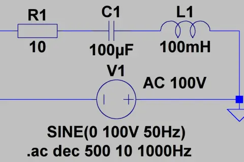 RLC-Schaltkreis mit 10 Ohm, 100µF, 100mH und AC-Quelle. Simulation der thomsonsche schwingungsgleichung.
