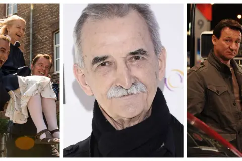 Trzy sceny z filmów Marka Koterskiego: radośni ludzie na ulicy, zbliżenie na twarz aktora i mężczyzna przy dystrybutorze paliwa.