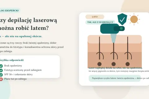 Depilacja laserowa latem jest możliwa, ale wymaga ochrony przed słońcem. Laser działa na włos, nie na opaleniznę.
