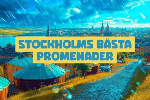 En vy över Stockholm med texten "Stockholms bästa promenader". En vacker plats att promenera runt Djurgården.