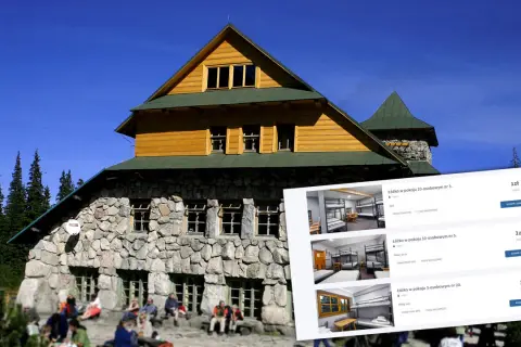 Górskie schronisko z kamienia i drewna, obok ceny 1 zł za nocleg, sugerujące najtańszy hotel na świecie.