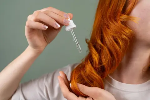 Manos aplicando aceite en cabello pelirrojo. El hair oiling nutre y da brillo.