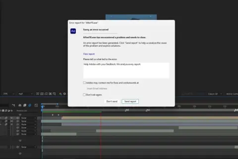 After Effects keeps crashing. An error report window is open, showing "Sorry, an error occurred.