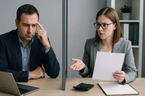 Para dyskutuje o wyzwaniach pracy zdalnej. Czy warto? Mężczyzna zamyślony, kobieta z dokumentami i kalkulatorem.