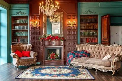 Elegancki salon w stylu wiktoriańskim: kominek, kanapa, fotel, regały z książkami i kryształowy żyrandol tworzą przytulną atmosferę.