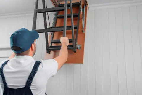Mężczyzna w czapce i ogrodniczkach składa metalowe schody strychowe.