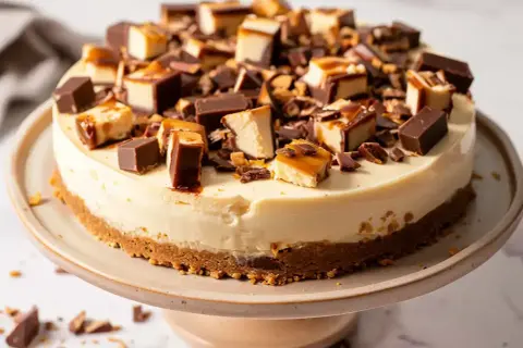 En krämig daim cheesecake, toppad med chokladbitar och karamell. En dröm för alla som älskar daim!