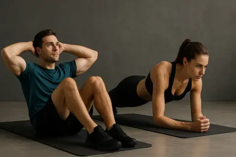 Un homme fait des abdos pendant qu'une femme réalise un exercice de gainage en planche.