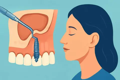 Ilustracja przedstawia zabieg sinus lift. Widoczny jest fragment szczęki z implantem i narzędziem dentystycznym, obok profil kobiety.