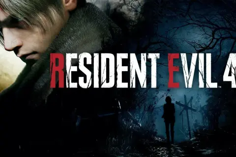 Leon Kennedy w mrocznym lesie. Obok tytuł gry Resident Evil 4, który może być częścią poradnika.