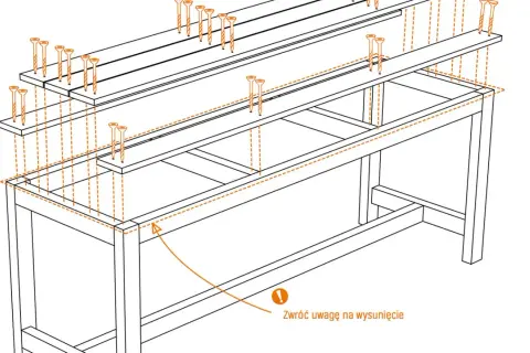 Instrukcja montażu ławki metalowej: przykręcanie desek do stelaża. Zwróć uwagę na wysunięcie.