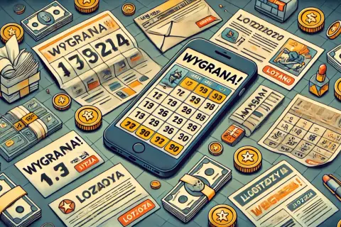 Telefon z siatką liczb, banknoty, monety i kupony z napisem "WYGRANA!".