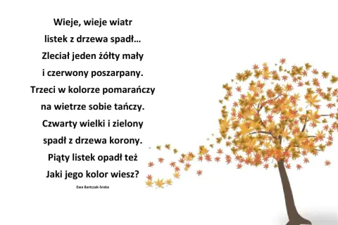 Wiersze o listopadzie: wiatr porwał liście z drzewa, tańczące w powietrzu w jesiennych barwach.
