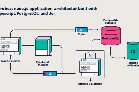 Architecture d'une application Node.js robuste avec TypeScript, PostgreSQL et Joi. Le serveur Node.js utilise TypeScript pour les modules et la validation de schéma.