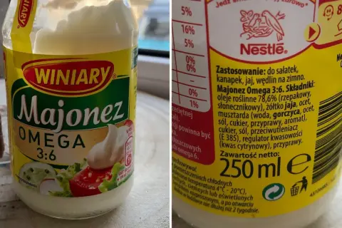 Słoik majonezu Winiary Omega 3:6, idealny do kanapek i sałatek.