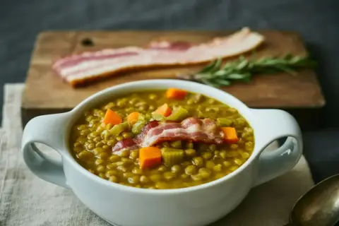 Bol de soupe de lentilles aux carottes et lardons, garni d'une tranche de bacon croustillant.