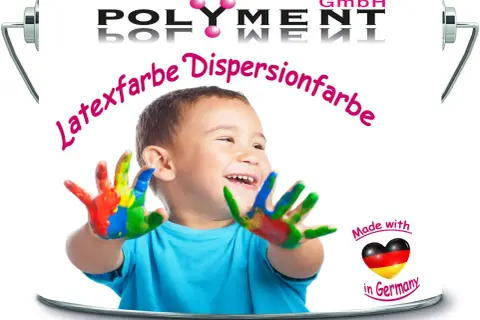 Radosny chłopiec z kolorowymi dłońmi, gotowy do malowania. Na puszce napis "Latexfarbe Dispersionfarbe".