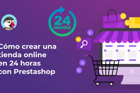 Ilustración para crear tienda online con Prestashop en 24 horas. Carrito de compras, pantalla de ordenador con productos y bolsas.