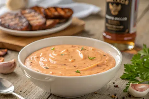 Cremige griechische Metaxasauce in einer Schüssel, daneben gegrilltes Fleisch, Knoblauch und Petersilie.