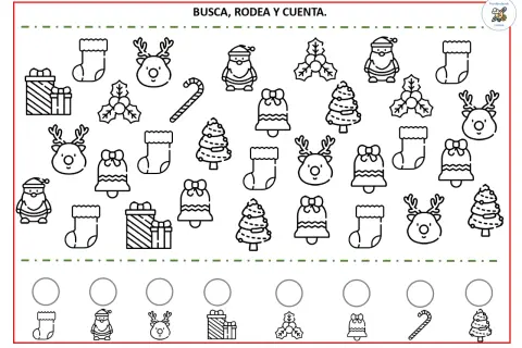 Fichas de Navidad para imprimir: busca, rodea y cuenta renos, Papá Noel, calcetines, campanas, árboles, regalos y bastones de caramelo.