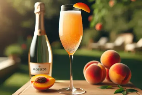 Orzeźwiający drink Bellini z prosecco i brzoskwiniami, idealny na letnie popołudnie w ogrodzie.