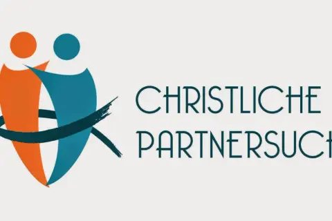 Zwei stilisierte Figuren, die sich umarmen, mit dem Text "Christliche Partnersuche". Eine App, die Christen bei der Partnersuche hilft.