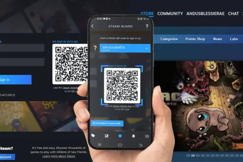 Ekran logowania Steam z kodem QR na telefonie i opcją logowania przez konto.