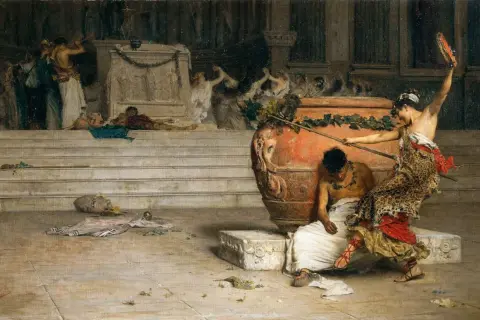 Scène dionysiaque : une femme en tenue de panthère, tambourin à la main, semble réveiller un homme endormi, peut-être la nourrice de Dionysos.