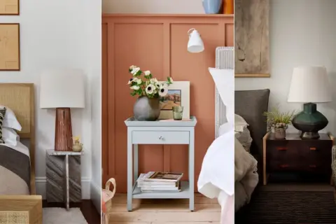 Three stylish nightstand ideas: a marble table with a copper lamp, a pale blue table with flowers, and a dark wood dresser with a green lamp.