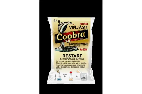 Opakowanie drożdży Coobra Restart Saccharomyces Bayanus, 21g, na 25 litrów nastawu. Idealne, gdy zastanawiasz się, ile drożdży do wina użyć.