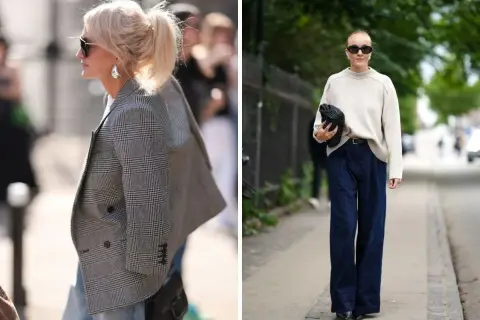 Eleganckie stylizacje z jeansami: kraciasty żakiet i szerokie spodnie.