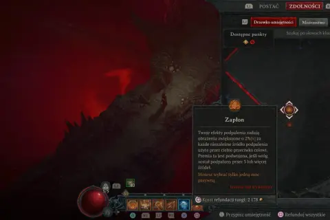 Diablo 2 czarodziejka build: drzewko umiejętności z pasywną mocą "Zapłon", zwiększającą obrażenia od podpalenia.