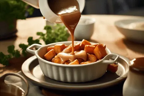 Brunsås hälls över potatisbitar i en vit skål. Ett perfekt brunsås recept för en god middag.