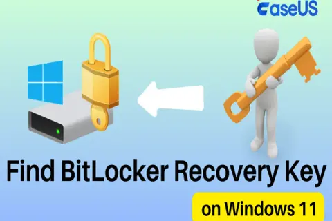Dysk z kłódką i kluczem symbolizują, co to jest BitLocker. Biała strzałka wskazuje na odzyskiwanie danych.