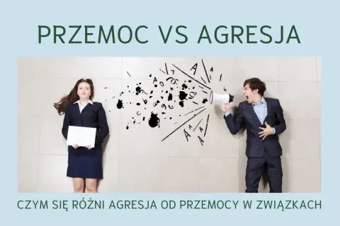 Mężczyzna krzyczy przez megafon, a kobieta leży na ziemi z pustą kartką. Obraz ilustruje przemoc vs agresja, pokazując ich definicję w relacjach.