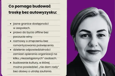 Kobieta z kolczykiem w nosie, obok lista o budowaniu troski bez autowyzysku, podkreślająca dzielenie odpowiedzialności.