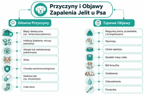 Biegunka u psa, w tym luźny stolec z krwią, to jeden z objawów zapalenia jelit.