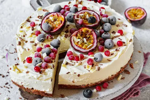 Ein erfrischender Sommerkuchen mit cremiger Füllung, garniert mit Passionsfrucht, Blaubeeren und roten Johannisbeeren.