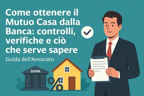 Uomo in giacca e cravatta con appunti, banca, casa e simbolo percentuale: guida alla fattibilità mutuo.