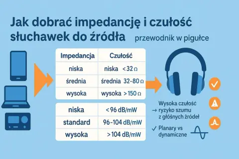 Tabela porównuje impedancję i czułość słuchawek do różnych źródeł dźwięku, pomagając dobrać optymalne połączenie.