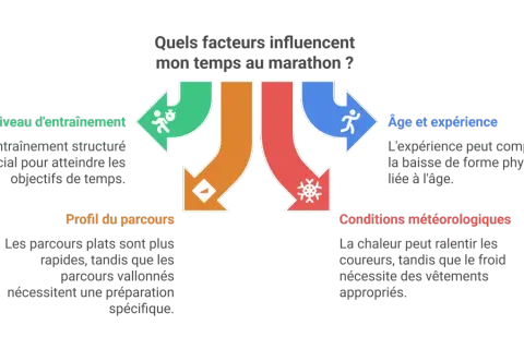 Facteurs influençant le temps moyen marathon : entraînement, parcours, âge/expérience, météo.