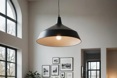 Czarna lampa w stylu industrialnym zwisa z wysokiego sufitu, oświetlając wnętrze z dużymi oknami i galerią czarno-białych zdjęć na ścianie.