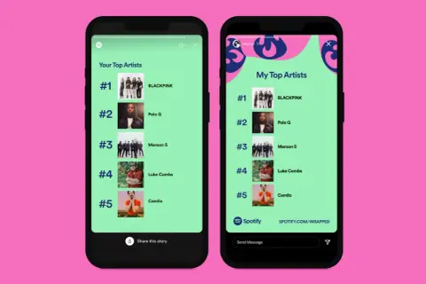 Two phone screens displaying Spotify Wrapped examples of top artists: BLACKPINK, Polo G, Maroon 5, Luke Combs, and Camilo.