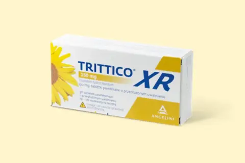 Opakowanie leku Trittico XR 150 mg, stosowanego na depresję i zaburzenia snu.