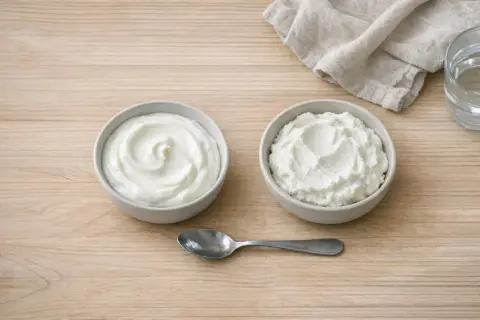 Due ciotole di yogurt greco, una liscia e una più granulosa, pronte per essere gustate. Ottimi yogurt greco valori nutrizionali per una colazione sana.