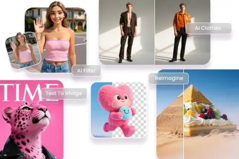 Un logiciel retouche photo automatique transforme des images : une jeune femme avec un filtre IA, un homme changeant de tenue, une création à partir de texte, et une pyramide revisitée en dessert.