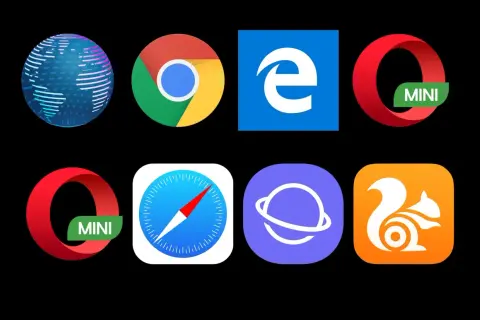 Przeglądarki internetowe lista: ikony Chrome, Edge, Opera Mini, Safari, Samsung Internet i UC Browser.